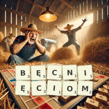 Kreatywna ilustracja do gry w Scrabble ze słowem BĘCNIĘCIOM ułożonym z płytek na planszy.