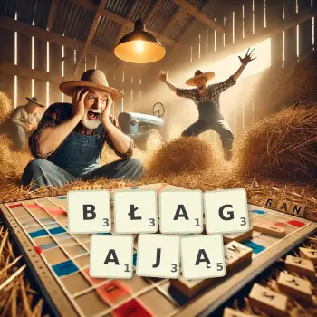 Kreatywna ilustracja do gry w Scrabble ze słowem BŁAGAJĄ ułożonym z płytek na planszy.