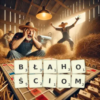 Kreatywna ilustracja do gry w Scrabble ze słowem BŁAHOŚCIOM ułożonym z płytek na planszy.