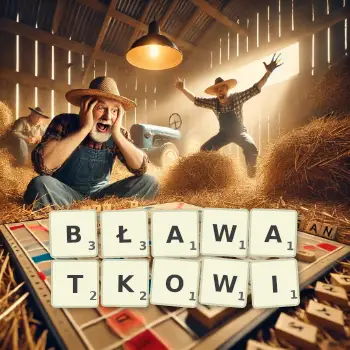 Kreatywna ilustracja do gry w Scrabble ze słowem BŁAWATKOWI ułożonym z płytek na planszy.