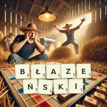 Kreatywna ilustracja do gry w Scrabble ze słowem BŁAZEŃSKI ułożonym z płytek na planszy.