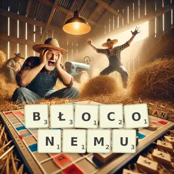 Kreatywna ilustracja do gry w Scrabble ze słowem BŁOCONEMU ułożonym z płytek na planszy.