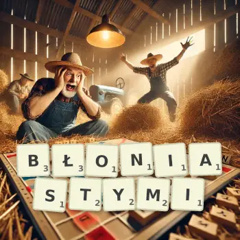 Kreatywna ilustracja do gry w Scrabble ze słowem BŁONIASTYMI ułożonym z płytek na planszy.