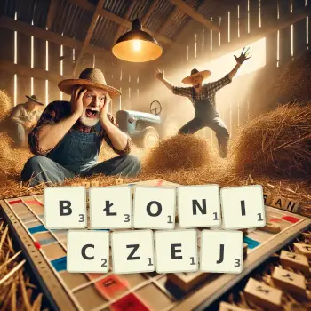 Kreatywna ilustracja do gry w Scrabble ze słowem BŁONICZEJ ułożonym z płytek na planszy.