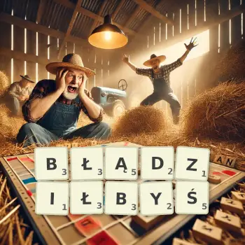 Kreatywna ilustracja do gry w Scrabble ze słowem BŁĄDZIŁBYŚ ułożonym z płytek na planszy.