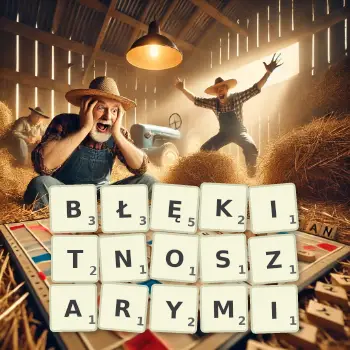 Kreatywna ilustracja do gry w Scrabble ze słowem BŁĘKITNOSZARYMI ułożonym z płytek na planszy.