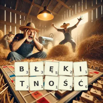 Kreatywna ilustracja do gry w Scrabble ze słowem BŁĘKITNOŚĆ ułożonym z płytek na planszy.