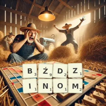 Kreatywna ilustracja do gry w Scrabble ze słowem BŹDZINOM ułożonym z płytek na planszy.