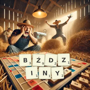 Kreatywna ilustracja do gry w Scrabble ze słowem BŹDZINY ułożonym z płytek na planszy.