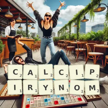 Kreatywna ilustracja do gry w Scrabble ze słowem CALCIPIRYNOM ułożonym z płytek na planszy.