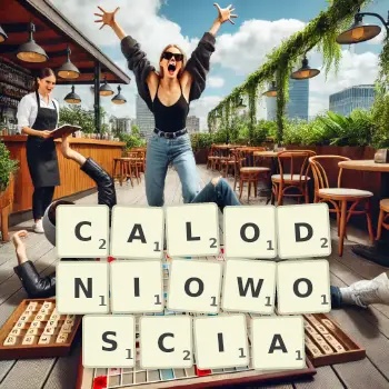 Kreatywna ilustracja do gry w Scrabble ze słowem CALODNIOWOSCIA ułożonym z płytek na planszy.
