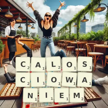 Kreatywna ilustracja do gry w Scrabble ze słowem CALOSCIOWANIEM ułożonym z płytek na planszy.