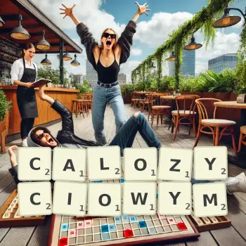 Kreatywna ilustracja do gry w Scrabble ze słowem CALOZYCIOWYM ułożonym z płytek na planszy.