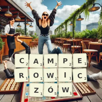 Kreatywna ilustracja do gry w Scrabble ze słowem CAMPEROWICZÓW ułożonym z płytek na planszy.