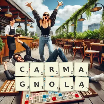 Kreatywna ilustracja do gry w Scrabble ze słowem CARMAGNOLĄ ułożonym z płytek na planszy.