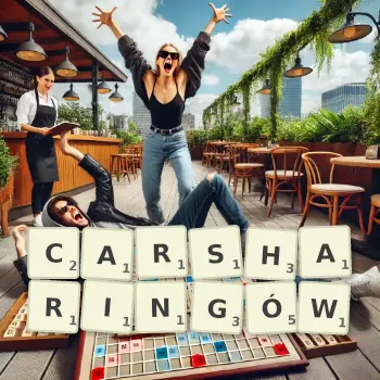 Kreatywna ilustracja do gry w Scrabble ze słowem CARSHARINGÓW ułożonym z płytek na planszy.