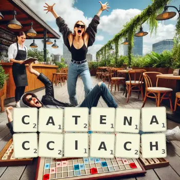 Kreatywna ilustracja do gry w Scrabble ze słowem CATENACCIACH ułożonym z płytek na planszy.