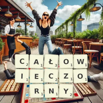 Kreatywna ilustracja do gry w Scrabble ze słowem CAŁOWIECZORNY ułożonym z płytek na planszy.