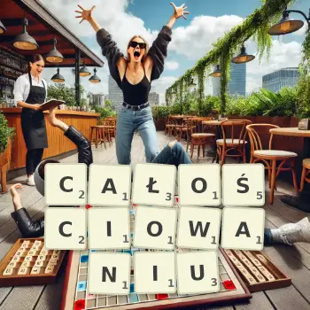 Kreatywna ilustracja do gry w Scrabble ze słowem CAŁOŚCIOWANIU ułożonym z płytek na planszy.