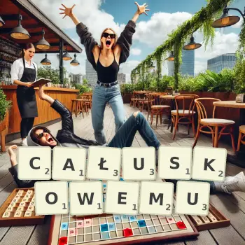 Kreatywna ilustracja do gry w Scrabble ze słowem CAŁUSKOWEMU ułożonym z płytek na planszy.