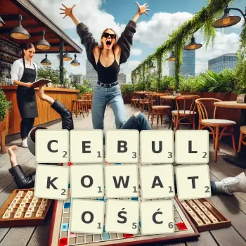 Kreatywna ilustracja do gry w Scrabble ze słowem CEBULKOWATOŚĆ ułożonym z płytek na planszy.