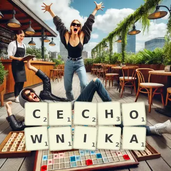 Kreatywna ilustracja do gry w Scrabble ze słowem CECHOWNIKA ułożonym z płytek na planszy.
