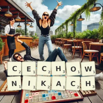 Kreatywna ilustracja do gry w Scrabble ze słowem CECHOWNIKACH ułożonym z płytek na planszy.