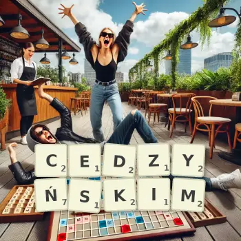 Kreatywna ilustracja do gry w Scrabble ze słowem CEDZYŃSKIM ułożonym z płytek na planszy.