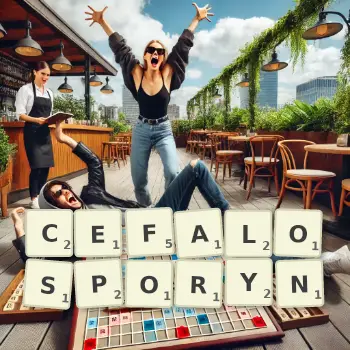 Kreatywna ilustracja do gry w Scrabble ze słowem CEFALOSPORYN ułożonym z płytek na planszy.