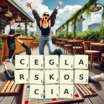 Kreatywna ilustracja do gry w Scrabble ze słowem CEGLARSKOSCIA ułożonym z płytek na planszy.