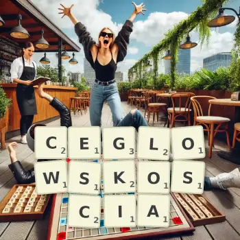 Kreatywna ilustracja do gry w Scrabble ze słowem CEGLOWSKOSCIA ułożonym z płytek na planszy.