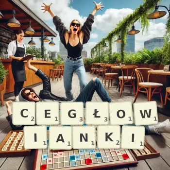 Kreatywna ilustracja do gry w Scrabble ze słowem CEGŁOWIANKI ułożonym z płytek na planszy.