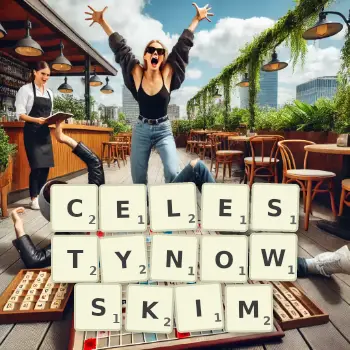 Kreatywna ilustracja do gry w Scrabble ze słowem CELESTYNOWSKIM ułożonym z płytek na planszy.