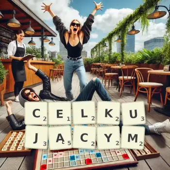 Kreatywna ilustracja do gry w Scrabble ze słowem CELKUJĄCYM ułożonym z płytek na planszy.