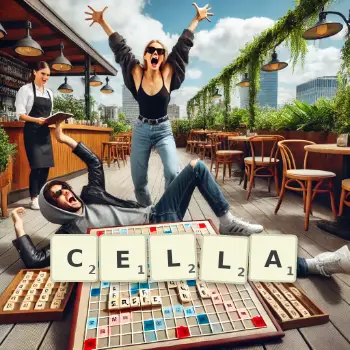 Kreatywna ilustracja do gry w Scrabble ze słowem CELLA ułożonym z płytek na planszy.