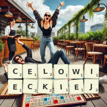 Kreatywna ilustracja do gry w Scrabble ze słowem CELOWIECKIEJ ułożonym z płytek na planszy.