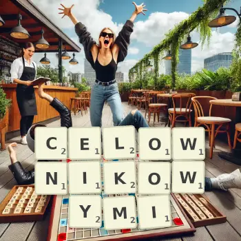 Kreatywna ilustracja do gry w Scrabble ze słowem CELOWNIKOWYMI ułożonym z płytek na planszy.