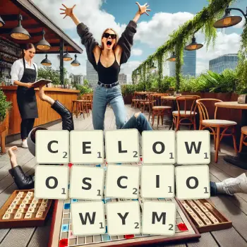 Kreatywna ilustracja do gry w Scrabble ze słowem CELOWOSCIOWYM ułożonym z płytek na planszy.