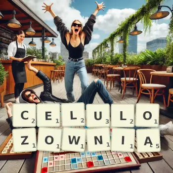 Kreatywna ilustracja do gry w Scrabble ze słowem CELULOZOWNIĄ ułożonym z płytek na planszy.