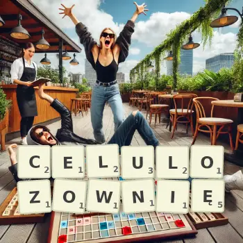 Kreatywna ilustracja do gry w Scrabble ze słowem CELULOZOWNIĘ ułożonym z płytek na planszy.