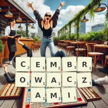 Kreatywna ilustracja do gry w Scrabble ze słowem CEMBROWACZAMI ułożonym z płytek na planszy.