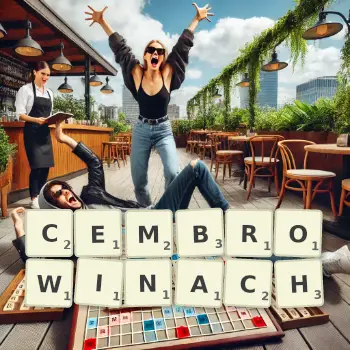 Kreatywna ilustracja do gry w Scrabble ze słowem CEMBROWINACH ułożonym z płytek na planszy.