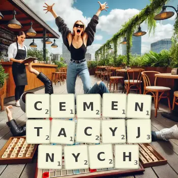 Kreatywna ilustracja do gry w Scrabble ze słowem CEMENTACYJNYCH ułożonym z płytek na planszy.