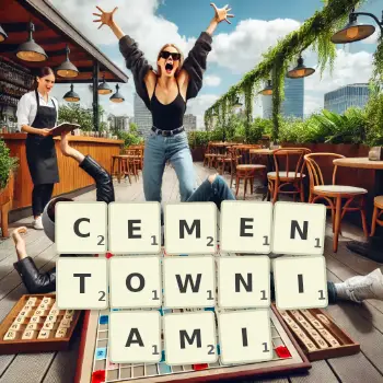 Kreatywna ilustracja do gry w Scrabble ze słowem CEMENTOWNIAMI ułożonym z płytek na planszy.