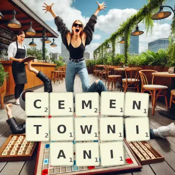 Kreatywna ilustracja do gry w Scrabble ze słowem CEMENTOWNIANI ułożonym z płytek na planszy.