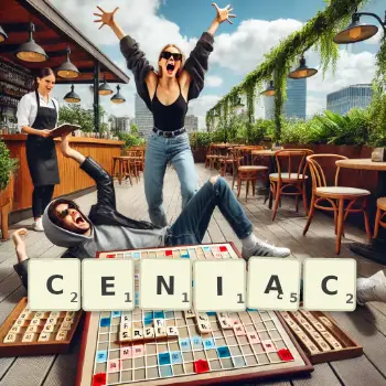 Kreatywna ilustracja do gry w Scrabble ze słowem CENIĄC ułożonym z płytek na planszy.