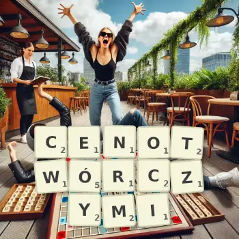 Kreatywna ilustracja do gry w Scrabble ze słowem CENOTWÓRCZYMI ułożonym z płytek na planszy.