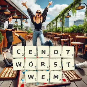 Kreatywna ilustracja do gry w Scrabble ze słowem CENOTWÓRSTWEM ułożonym z płytek na planszy.
