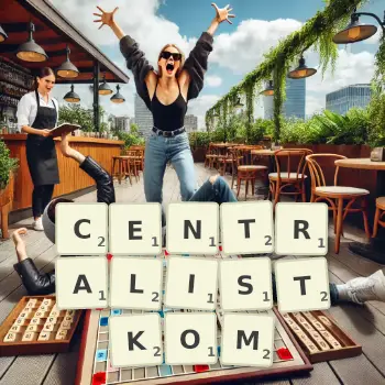 Kreatywna ilustracja do gry w Scrabble ze słowem CENTRALISTKOM ułożonym z płytek na planszy.