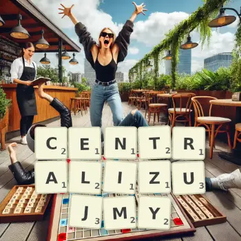 Kreatywna ilustracja do gry w Scrabble ze słowem CENTRALIZUJMY ułożonym z płytek na planszy.